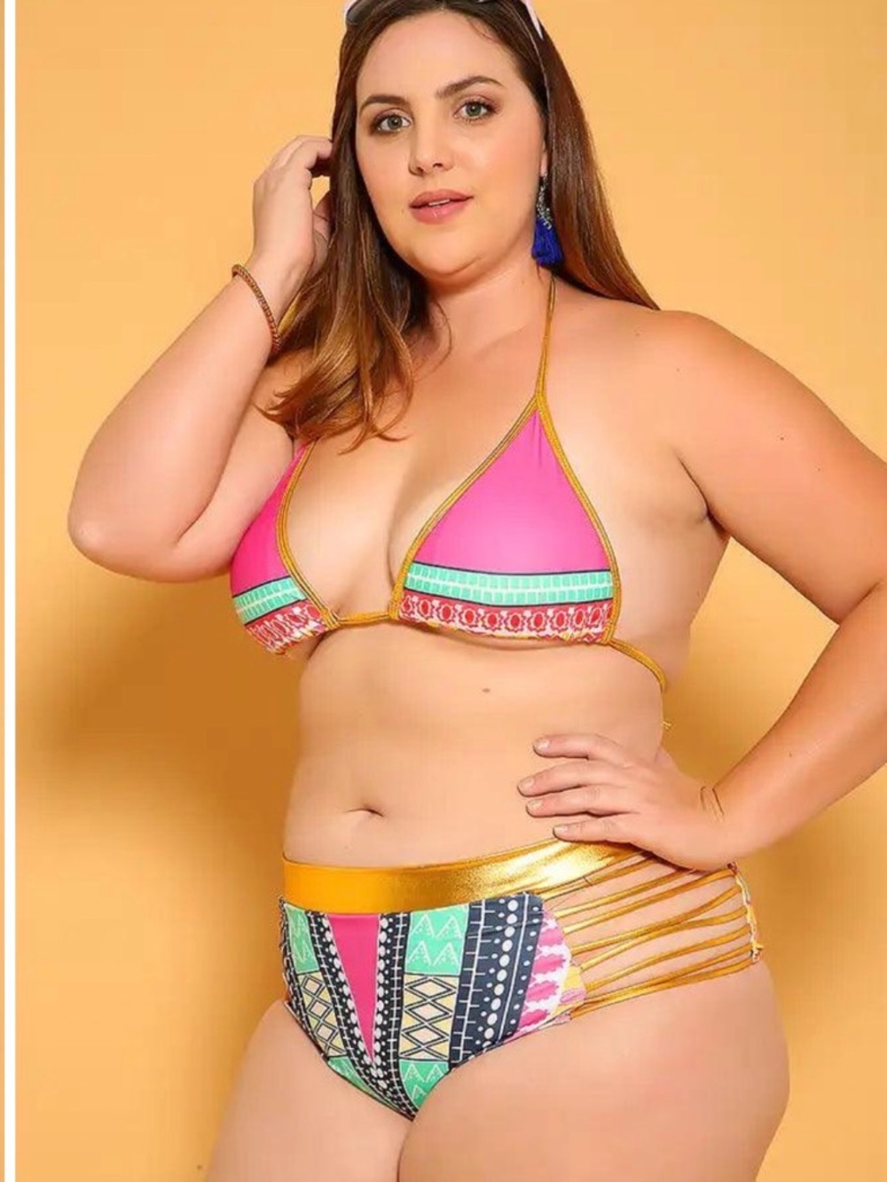 Plus-Size Pink & Multicolor Triangle Bikini Set